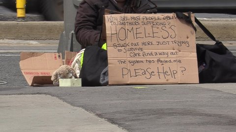 Toronto, Ontario, Canada April 2022 Unemployed homeless people surviving on Toronto streets in recession
