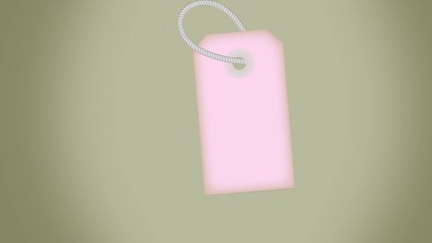 Animation of Pink shopping price memo note card bookmark tag suspended on a grey rope moving back and forth on creamy green background for sale ads brands deals marketing feminine video 