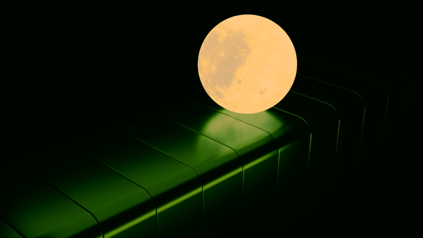 Surreal abstraction with a moon rolling on green line of rotating 3D triangles. Design. A moon moving in the dark, seamless loop.