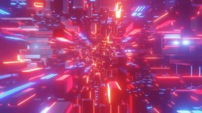 Hi-tech neon sci-fi tunel. Trendy neon glow lines form pattern and construction in mirror tunnel. Laser show Fly through technology cyberspace. 3d looped seamless 4k bright background. Obstacle course