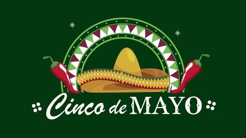 cinco de mayo lettering with hat and chili peppers , 4k video animated