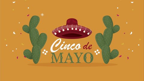 cinco de mayo lettering with aht and cactus , 4k video animated