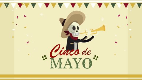 cinco de mayo lettering with skull mariachi , 4k video animated