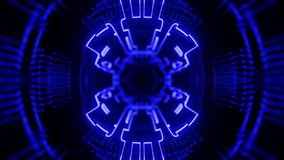 4k seamless looped animation. Fly through mirror symmetrical tunnel with neon pattern, sci fi glow pattern. Bright reflection neon light. Simple bright background, sci fi structure