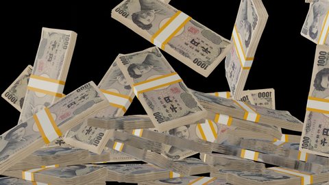 Many wads of money falling down on transparent background. 1000 Japanese Yen banknotes. Stacks of money. Financial and business concept. Alpha channel.	