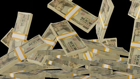 Many wads of money falling down on transparent background. 10000 Japanese Yen banknotes. Stacks of money. Financial and business concept. Alpha channel.