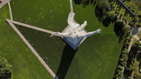Drone view of the famous Soviet sculpture The Motherland Calls. The compositional center of the monument-ensemble to the Heroes of the Battle of Stalingrad - JULY 08, 2021 Volgograd, Russia