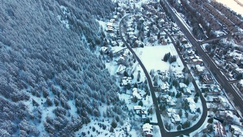 Aerial View of Avon, Colorado USA in Winter Season, Beaver Creek Ski Resort Getaway, Drone Shot