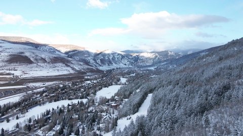 Aerial View of Avon Municipality, Getaway To Beaver Creek Ski Resort, Colorado USA in Winter Season, Drone Shot