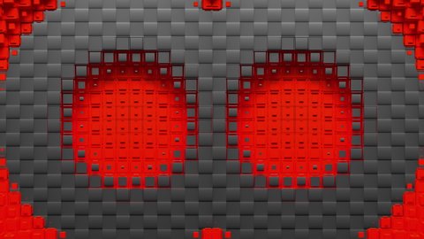 Red voxels form two circular holes and carbon rings which diverge from the center of screen. Abstraction on green chroma key, 3D animated intro.