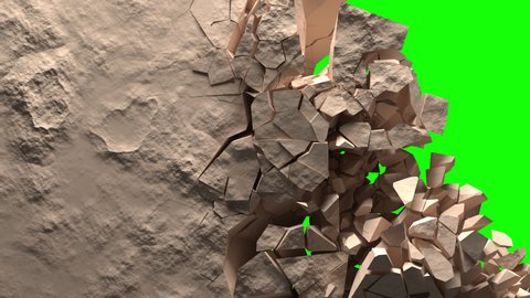 Sand color rocky stone wall surface cracks, breaks and fall apart revealing a green screen and transparent background. 3D animated intro with chroma key and alpha channel ProRes 4444 in 4k UHD.