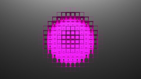 Pink voxels cut out of gray screen to form circular hole reveal green chroma key and transparent background. Abstract 3D animated intro. Alpha channel ProRes 4444 in 4k UHD included, color id.