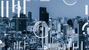 Business data analytic interface fly over smart city showing alteration future of business intelligence. Computer software and artificial intelligence are used to analyze big data for strategic plan . - Powered by Shutterstock - Get 15% off with code: PIKWIZARD15