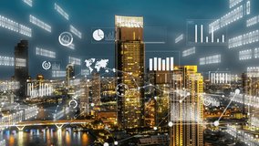 Business data analytic interface fly over smart city showing alteration future of business intelligence. Computer software and artificial intelligence are used to analyze big data for strategic plan . - Powered by Shutterstock - Get 15% off with code: PIKWIZARD15