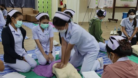 Mahasarakham, Thailand -18 Apr 2022 : VDO Nurse practicing cardiopulmonary resuscitation or CPR. Study and practice.

