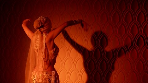 seductive exotic belly dance, stunning woman in traditional suit is dancing and mysterious shadow