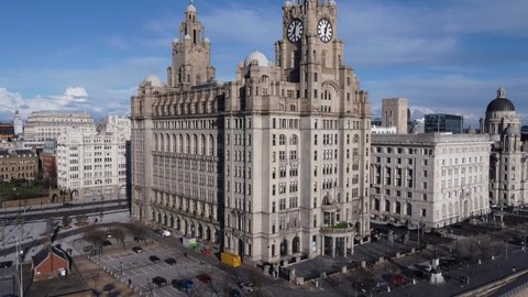 LIVERPOOL, UK - 2022: Establishing aerial view of Liverpool Liver building and city centre