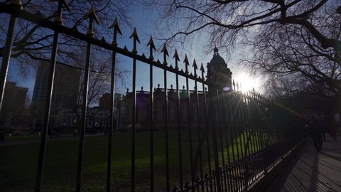 BIRMINGHAM, UK - 2022: Fast sun flicker through a fence at Birmingham Cathedral UK