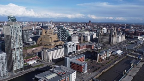 LIVERPOOL, UK - 2022: Generic establishing aerial view of Liverpool UK city centre and Albert Dock area