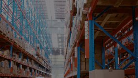 Animation of network of connections over caucasian man in warehouse. global shipping, delivery and connections concept digitally generated video.