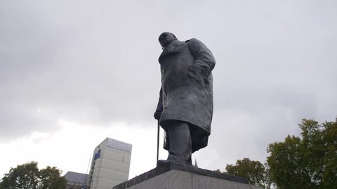 LONDON, UK. OCTOBER 30 2019. Winston Churchill statue in Parliament Square in London, slow motion movement.