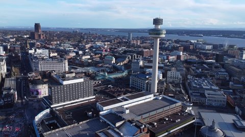 LIVERPOOL, UK - 2022: Establishing aerial view of Liverpool city centre with Radio City Tower