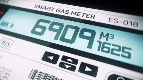 Natural gas consumption in residence, smart gas meter calculating volume used. Digital metric gas meter measuring gas usage