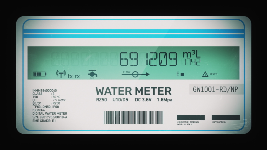 Water meter calculating usage in residence or commercial building, utility bills. Digital metric water meter measuring water usage Royalty-Free Stock Footage #1089373565