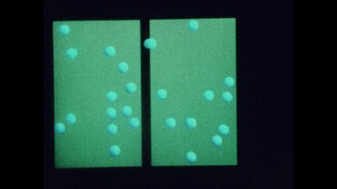 1970s: computer simulation of electrons and protons colliding. Green rectangles and dots. Two men play tennis on court.