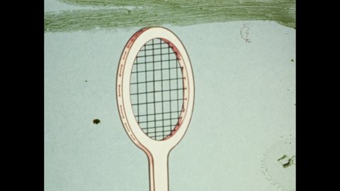 1970s: illustration of tennis racket and ball. Men play tennis on court. Man hits ball on court. Net on tennis court.