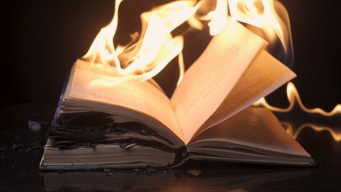 An open book is on fire. Big bright flame, burning paper on old publication. Bonfire conflagration in the dark. Book Burning - Censorship Concept