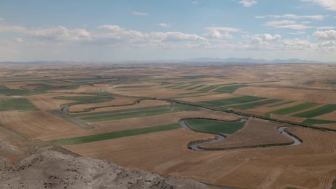 A large view over agricultural fields with its creeks and meanders in Ankara, Turkey. 
