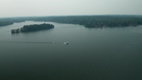 Aerial panorama, seaplane taking off from Balsam Lake, Wisconsin