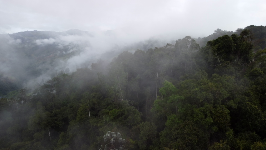 Aerial view of a foggy mountain in Colombia, South America.