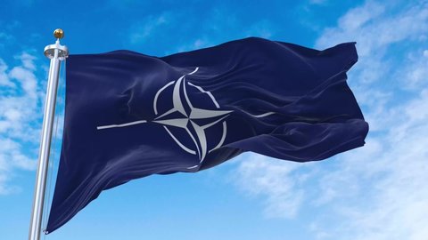 North Atlantic Treaty Organization (NATO) Flag. 4K 3D Realistic Waving Flag with Sky Background