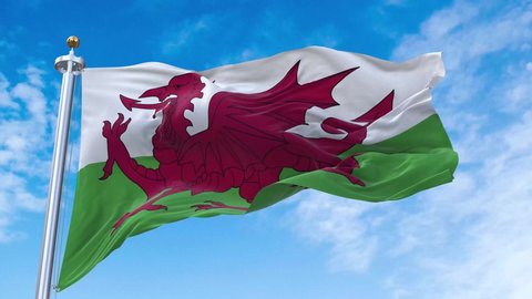 Wales Flag. 4K 3D Realistic Waving Flag with Sky Background