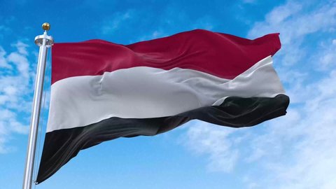 Republic of Yemen Flag. 4K 3D Realistic Waving Flag with Sky Background