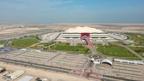 AL KHOR, QATAR - 2022: Aerial view of Al Bayt Stadium, modern football (soccer) stadium for FIFA World Cup 2022.