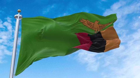 Republic of Zambia Flag. 4K 3D Realistic Waving Flag with Sky Background