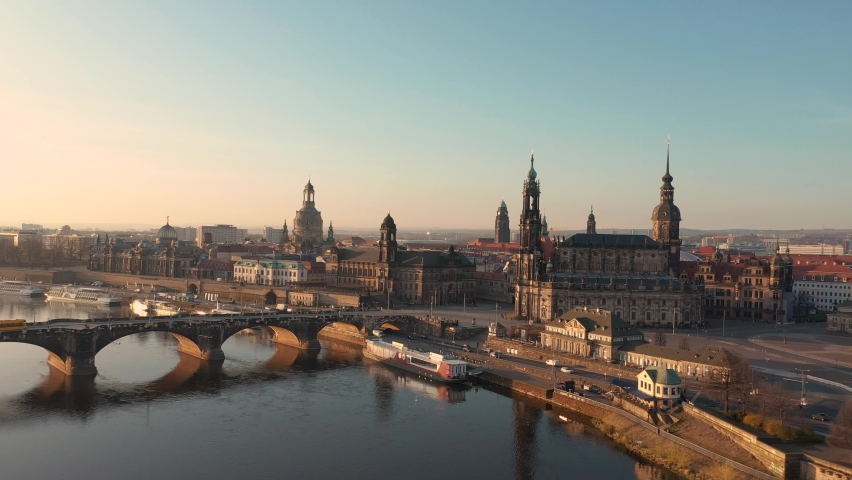 Dresden in the early morning. Dresden city center overlooking the Elbe river. Royalty-Free Stock Footage #1089382233