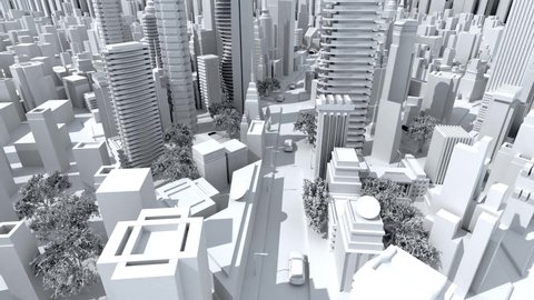 High street camera fly through the  Modern city with skyscrapers, office buildings, residential blocks and transport on the road. 3D rendering  city model areal view
