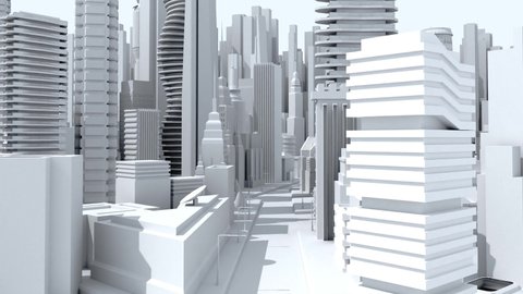High street camera fly through the  Modern city with skyscrapers, office buildings, residential blocks and transport on the road. 3D rendering  city model areal view