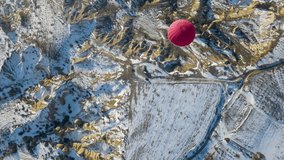 Hot air balloon in Cappadocia in winter. aerial footage