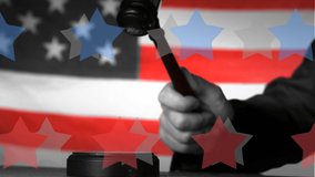 Composite video of multiple star icons against hand banging a gavel against american flag background. american law and justice concept