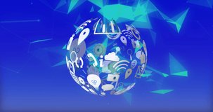 Animation of globe made of icons over blue background with shapes. colour, movement and digital interface concept digitally generated video.