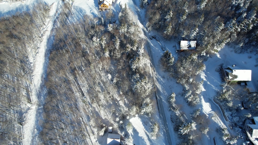 Aerial View of Snow Covered Trees In West Virginia Mountains at Snowshoe Ski Resort