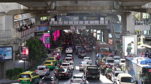 Bangkok Thailand - April 15 2022: traffic jam Chaloem Phao Intersection. Near the Siam Paragon and BTS Siam. 