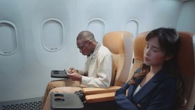 A man is playing games on an airplane very loud making the woman next to him annoyed.