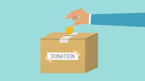 Hands giving charity to a donation box 4K animation. Men raising funds for poor people concept. Saving gold coins in donation box 4K footage for charity concept. Hands with gold coin and charity box.