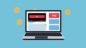 An online video showing ads and earning money 4K animation. Earn money and bitcoins from an advertisement 4K footage. Online video and websites on a laptop showing ads and earning money concept.